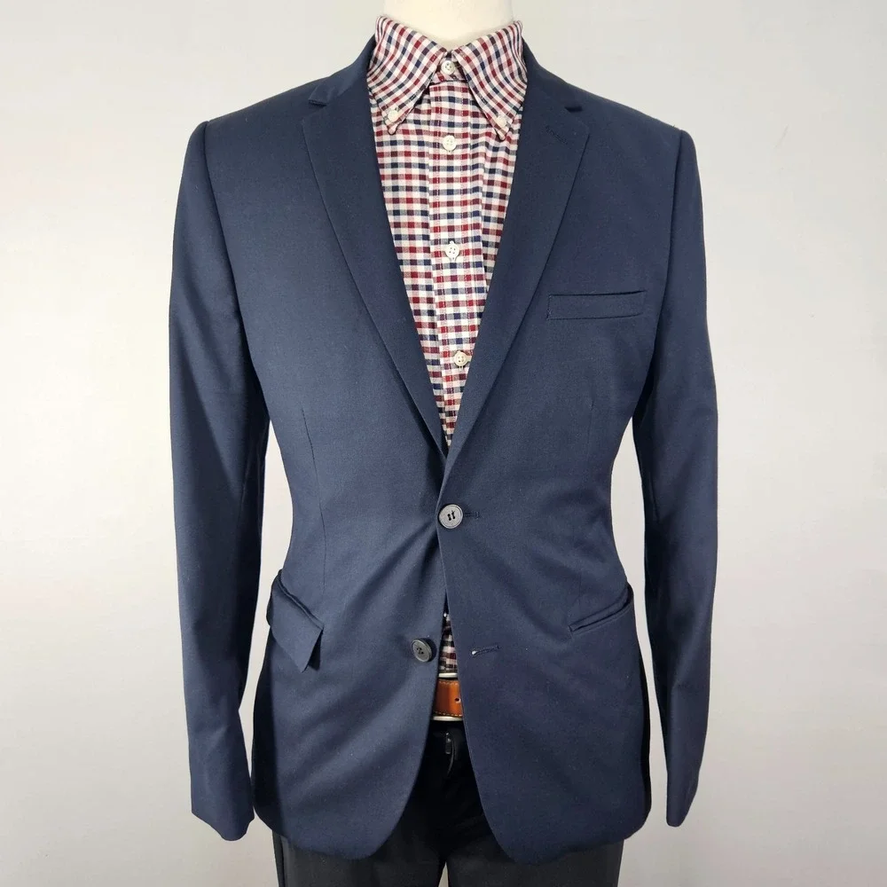 H&M Men's Two Button Sport Coat Blazer Navy Polyester‎ Blend Slim Fit 40R